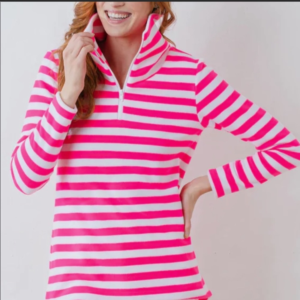Dudley Stephens Prospect quarter zip pullover in neon pink/white stripe size S